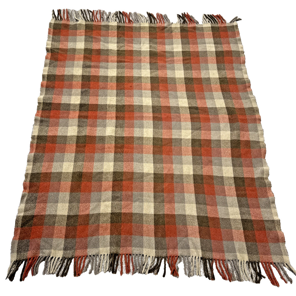 Vintage PENDLETON USA Plaid 100% Pure Virgin Wool Fringe Throw Blanket 59” x 44"